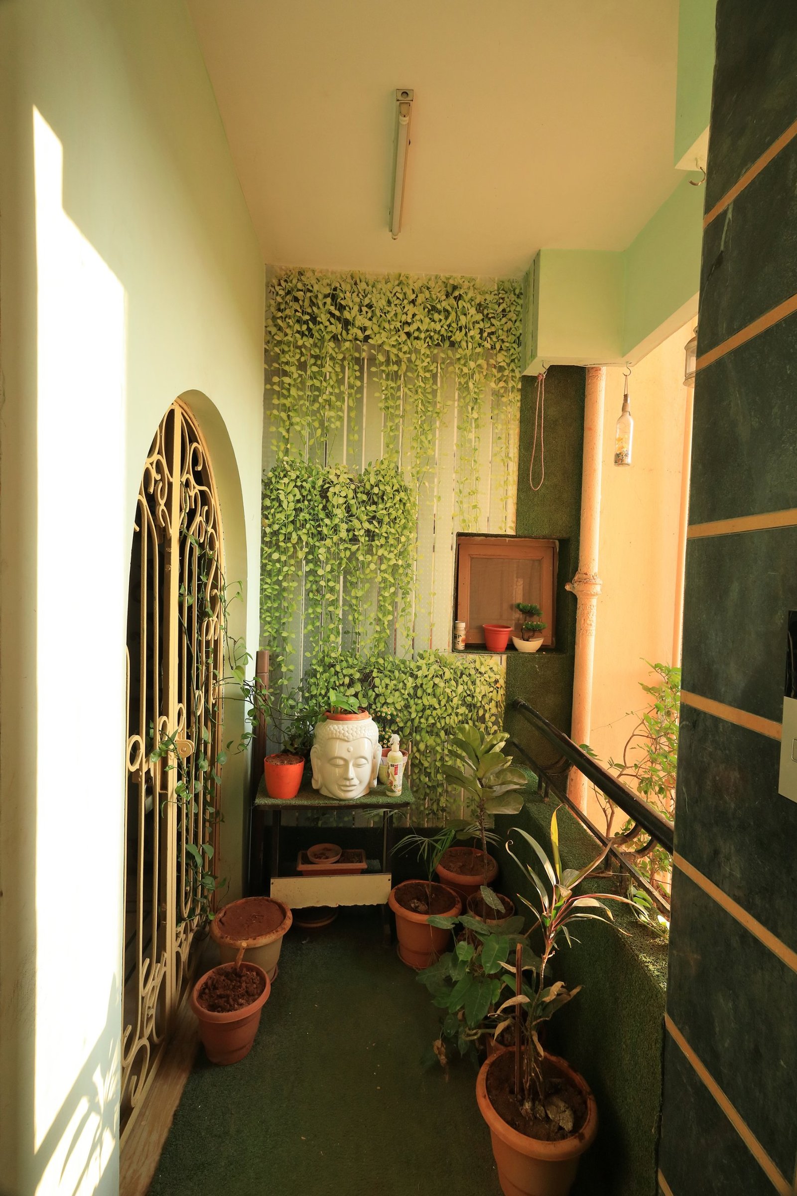 Plant-lined corner along the entry corridor